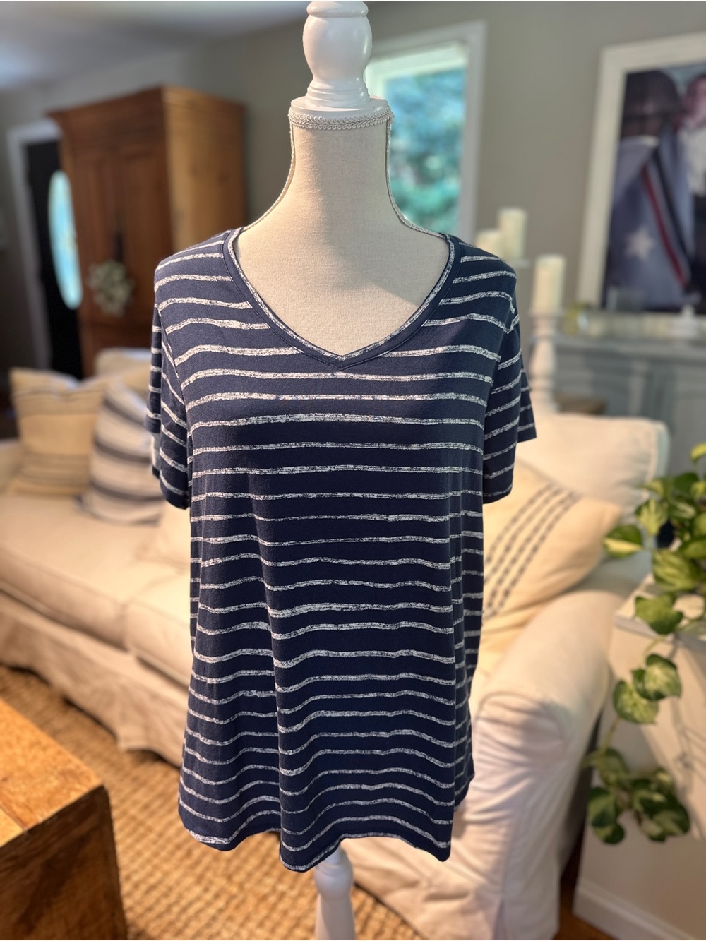 Soft Surroundings Navy Stripe V-Neck Short Sleeve Top